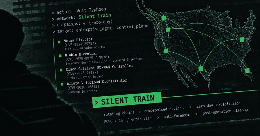 Ilustração de dispositivos conectados em cadeia representando uma rede de espionagem cibernética