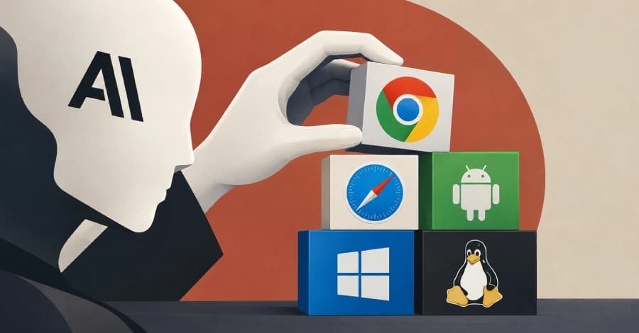 Ilustração de telas de computador e celular com linhas de código e um ícone de circuitos representando inteligência artificial